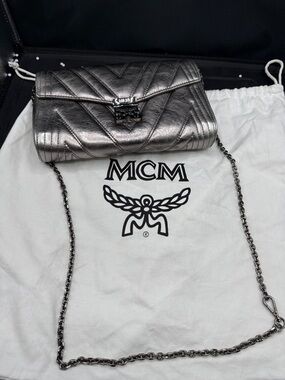 MCM Metallic Gunmetal Quilted Leather Crossbody Bag. Gun medal chain. Preloved